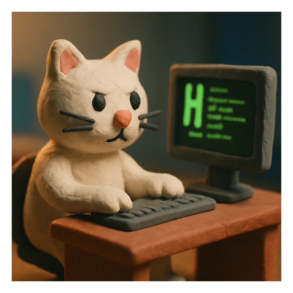 claymation style white hacker cat sitting at a desk with a monitor sticker