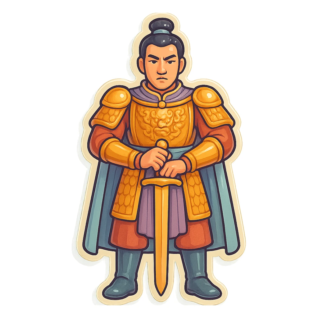 Add boots to the general's feet, keep the rest as is: full body, front view, elongated legs, face as in the reference, retro sticker style, high detail, pronounced shadows and highlights, clean lines, soft rounded shapes, pastel palette #98B5BC, #B5B3C1, #C9A3C9, #E4C0CA, #F7DCD1, #F7C0AA, transparent background. sticker