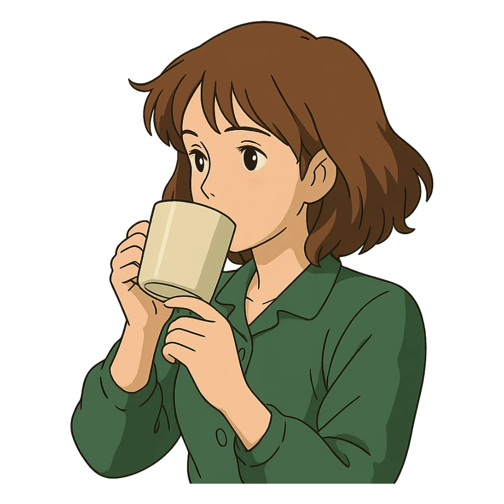 ghibli style brown-haired woman drinking coffee, no background sticker