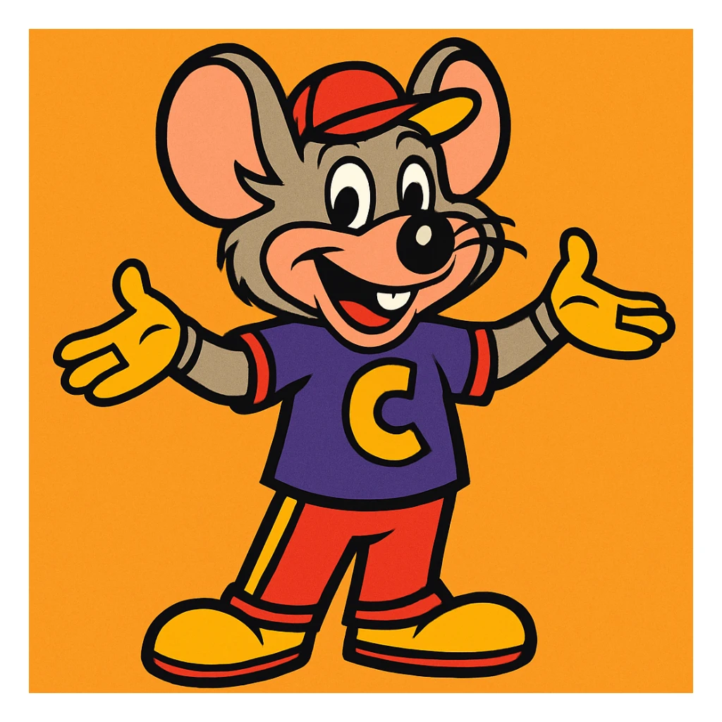 Chucky Cheese mascot, standing with arms open, yellow and red accents, pizza party vibe, cartoon style sticker