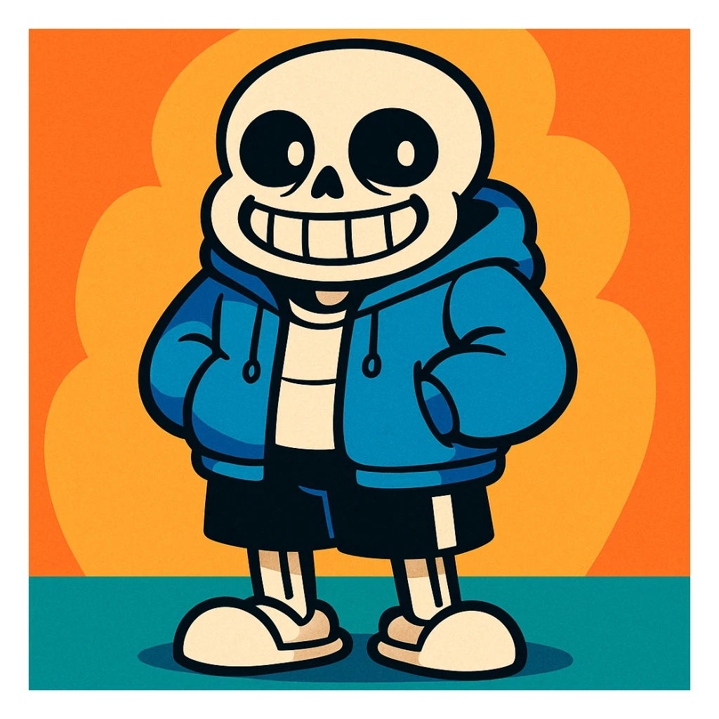 Sans from Undertale, cartoon style, blue hoodie, black shorts, white skeleton, simple background sticker