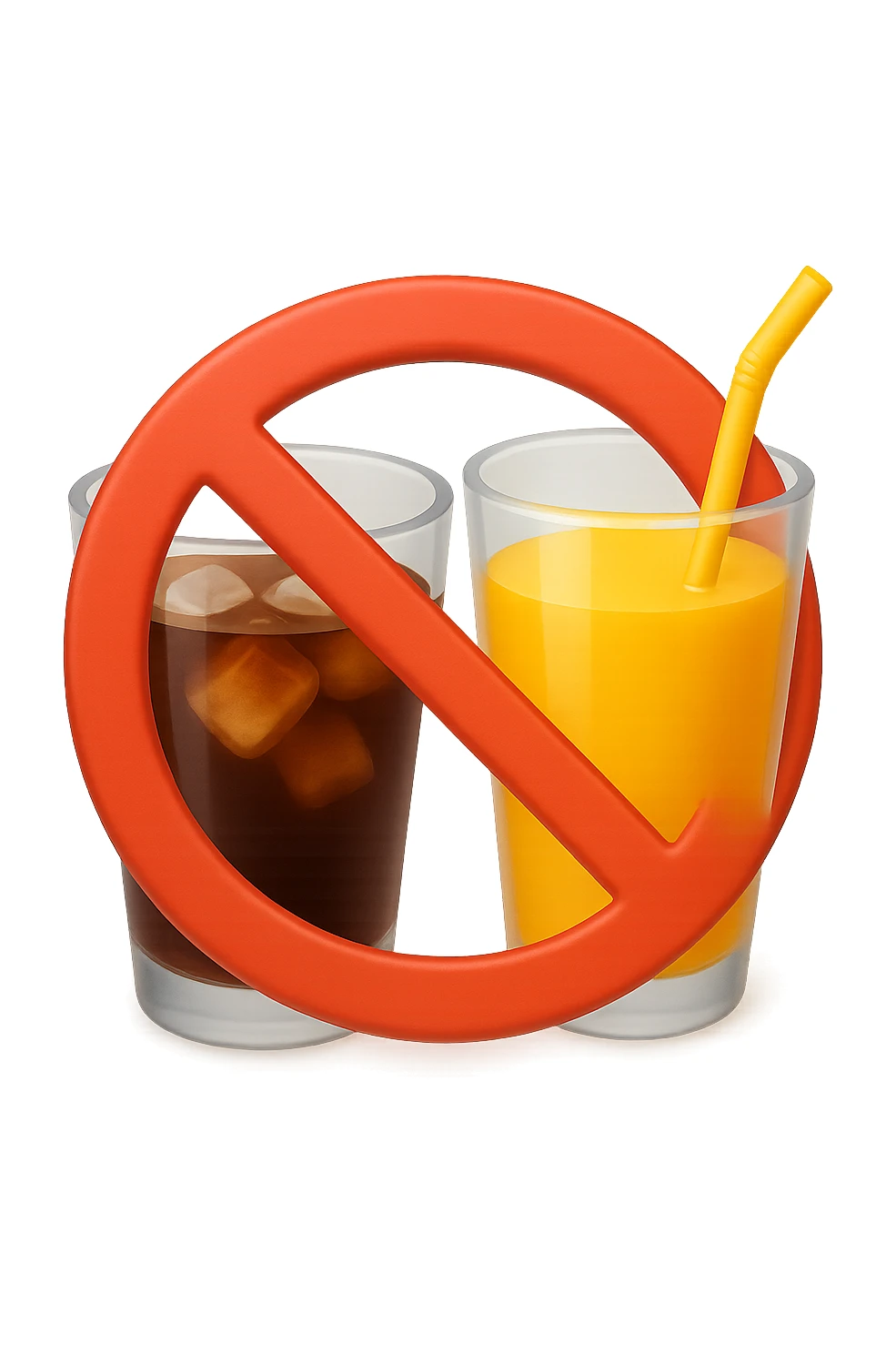 emoji 3d stile iphone che rappresenta un bicchiere di coca cola e di succo di frutta con un divieto sopra 3d sticker