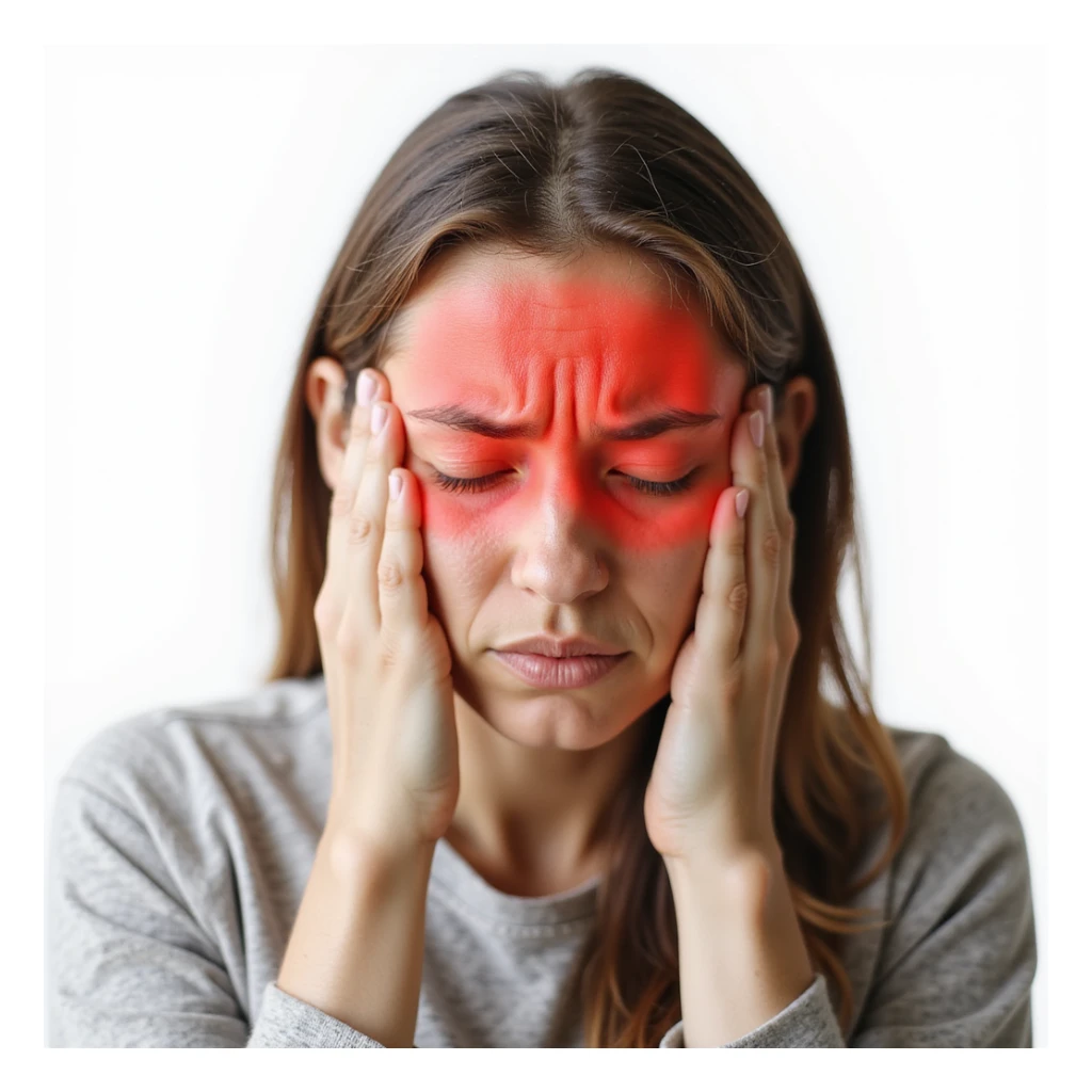 woman with closed eyes and furrowed eyebrows, head area highlighted in red, migraine pain, realistic style, white background sticker