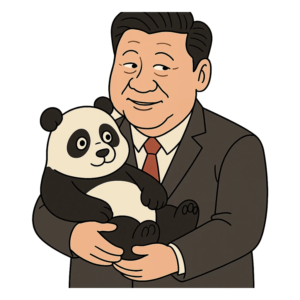 Xi Jinping, cartoonish, holding a panda, flat toon style sticker