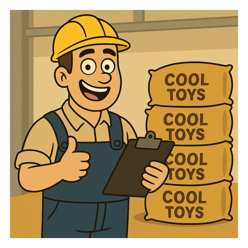 Edit the cartoon style cheerful factory worker scene by adding more golden bags in the background. Change the label on the bags to say 'cool toys' instead of sugar syrup. Keep the overall cartoon style and cheerful atmosphere consistent. sticker