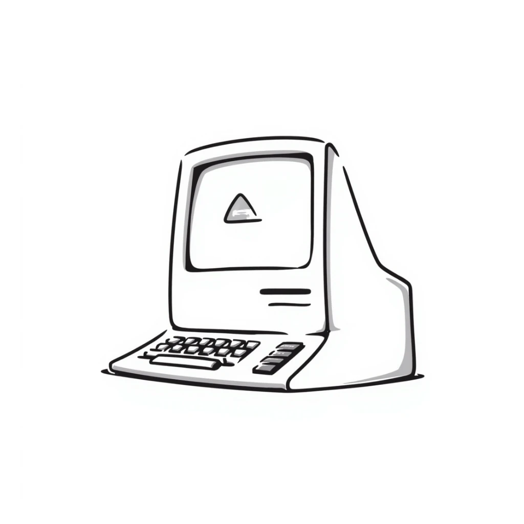 Pixel art style old Macintosh computer, simple monochrome linework sticker