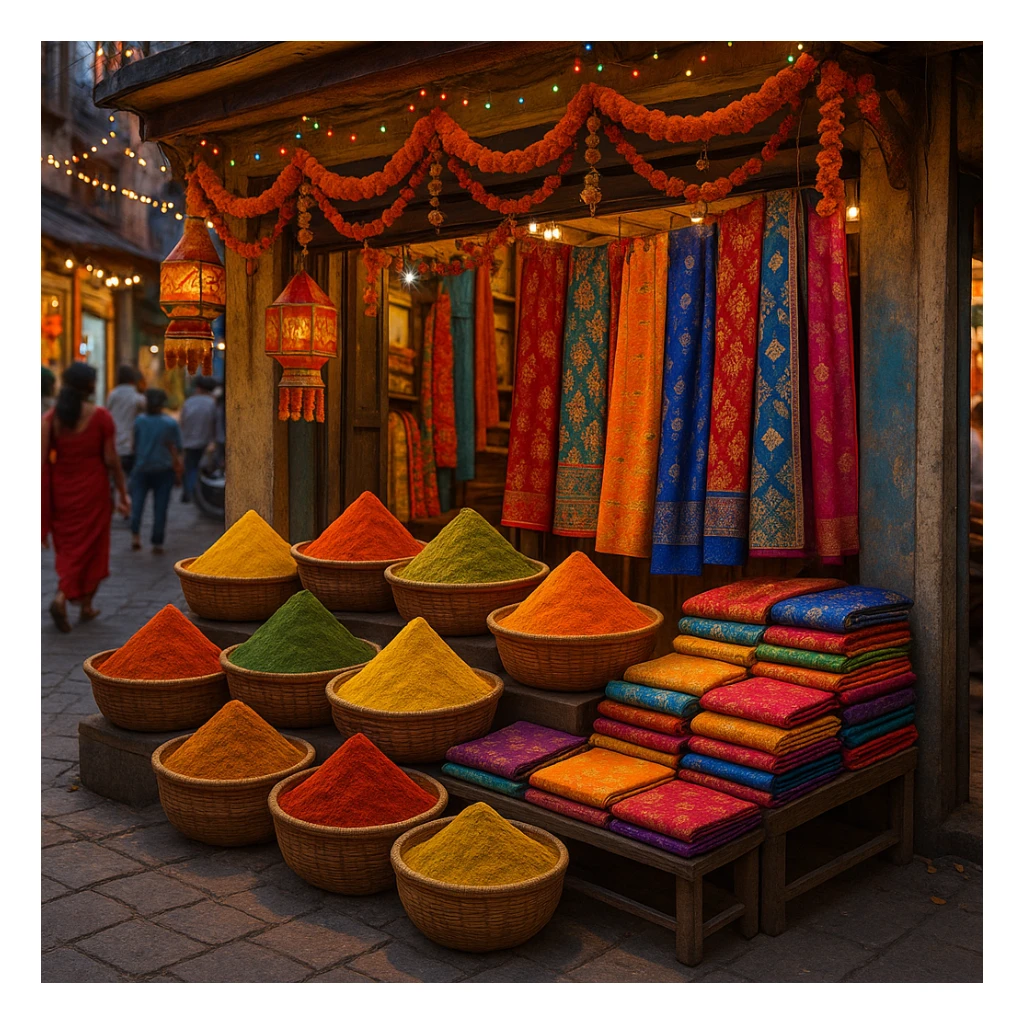 an Indian shop with baskets of spices and fabrics outside, festive, no text sticker