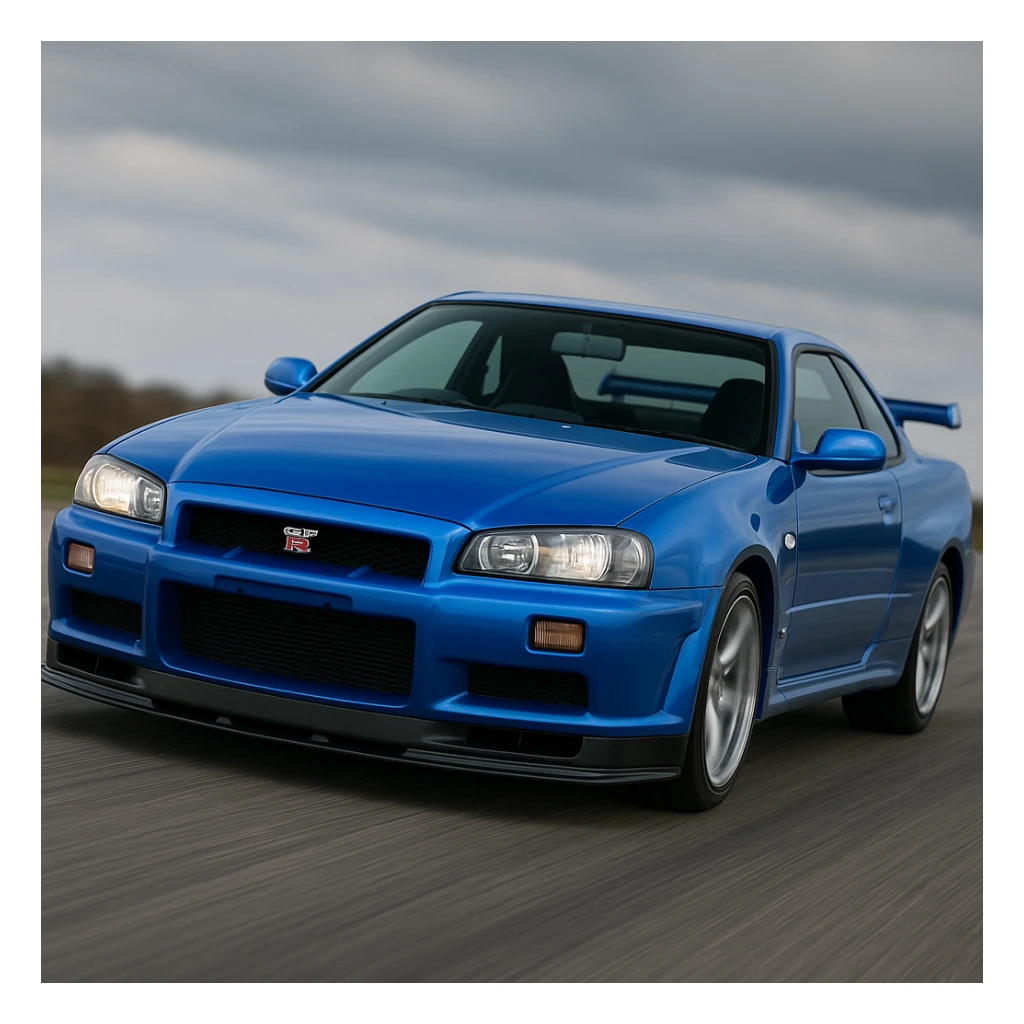 Nissan Skyline GTR R34, front angle, blue, sporty, dynamic sticker