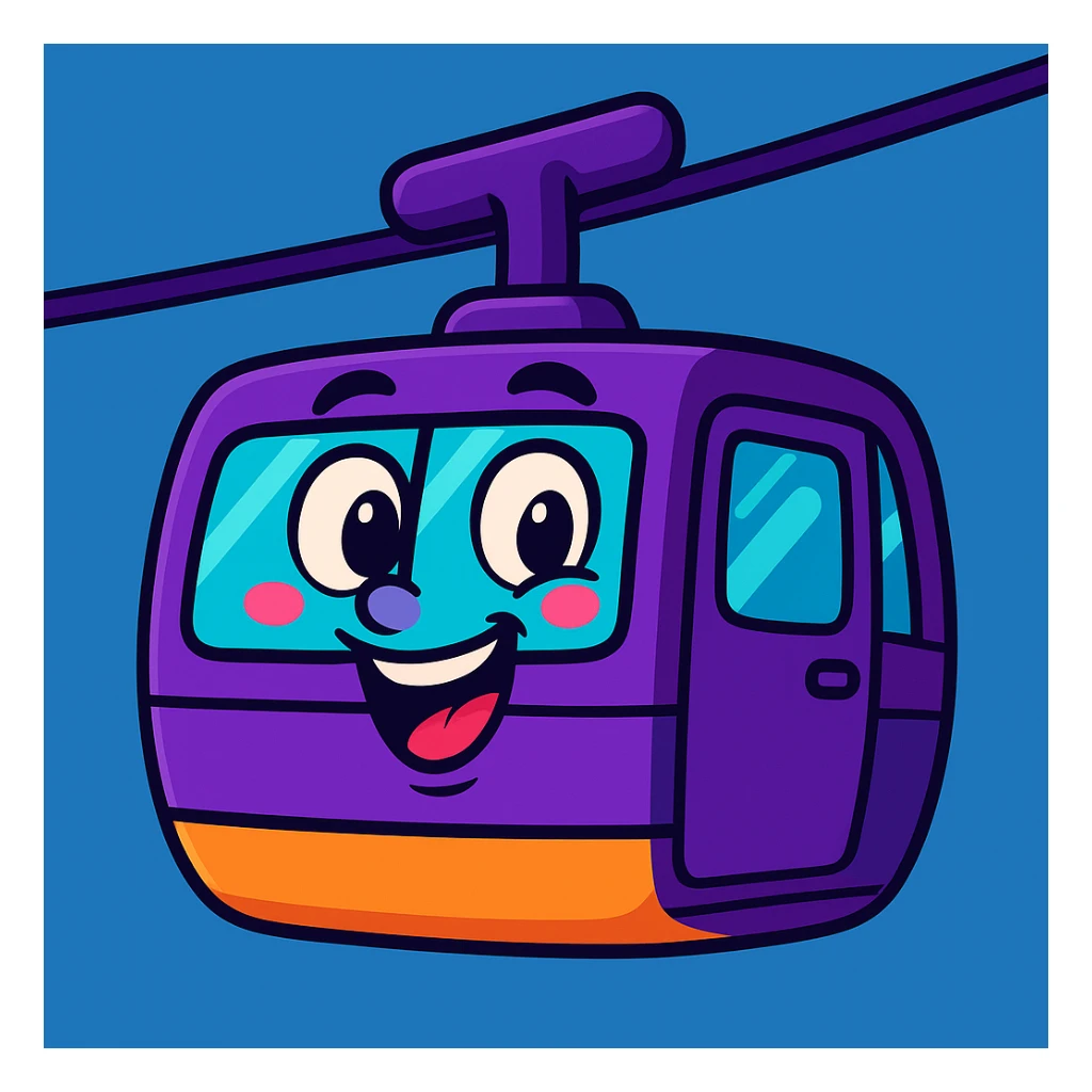 Make the purple cable car more detailed with expressive and playful cartoon features, including visible windows and cables, emphasizing a fun and lively toon style. sticker