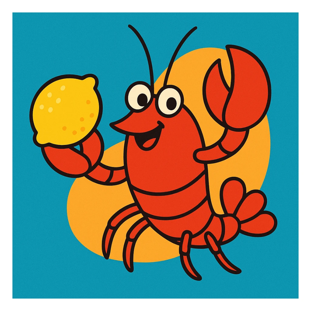 a lobster holding a lemon, cartoon style sticker