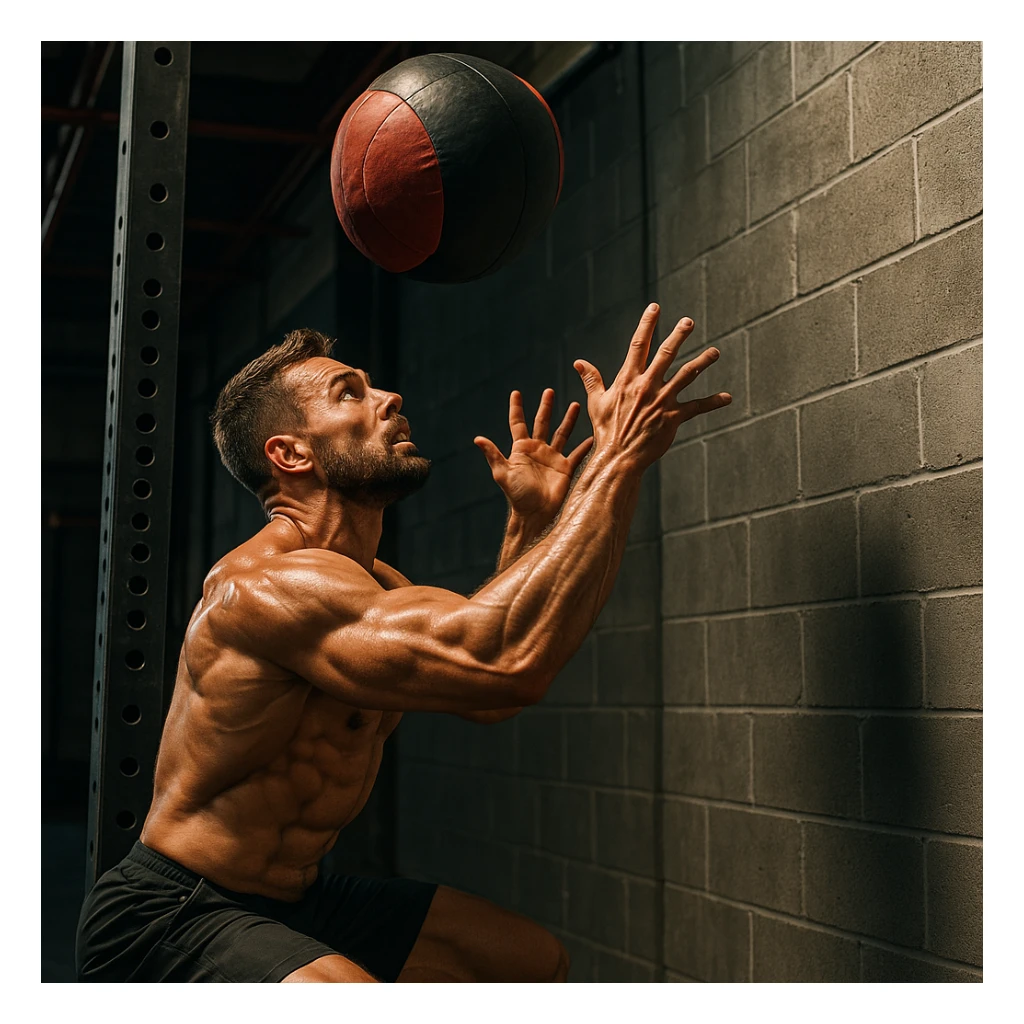 realistic 4K image of a crossfit athlete training wall ball exercise, tense muscles, medicine ball in the air, dramatic lighting, bright colors, industrial gym background sticker