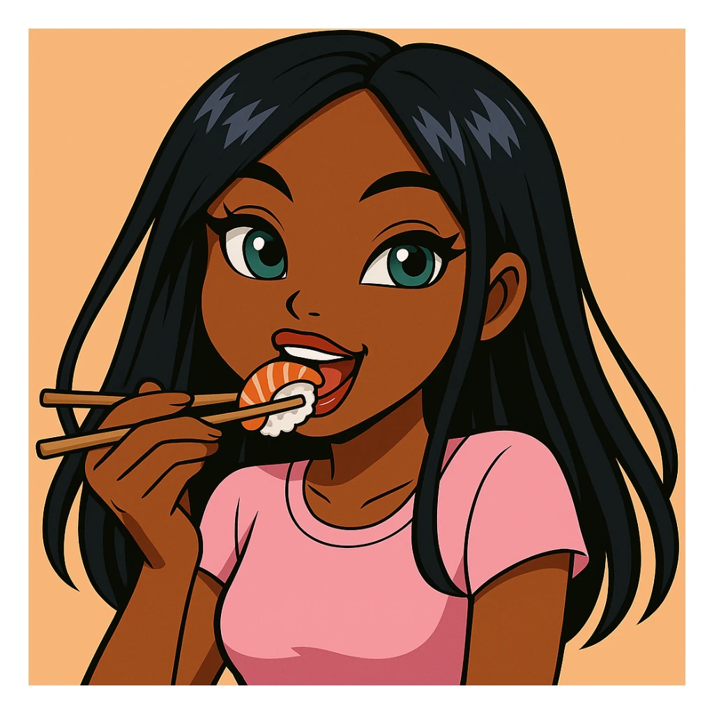 Change her pose to eating sushi with chopsticks, headshot only, 20-year-old anime Bratz style woman with dark skin, straight hair, trendy outfit, big expressive eyes, glossy lips, no hat, no tears, happy expression, both eyes open, looking straight ahead. sticker