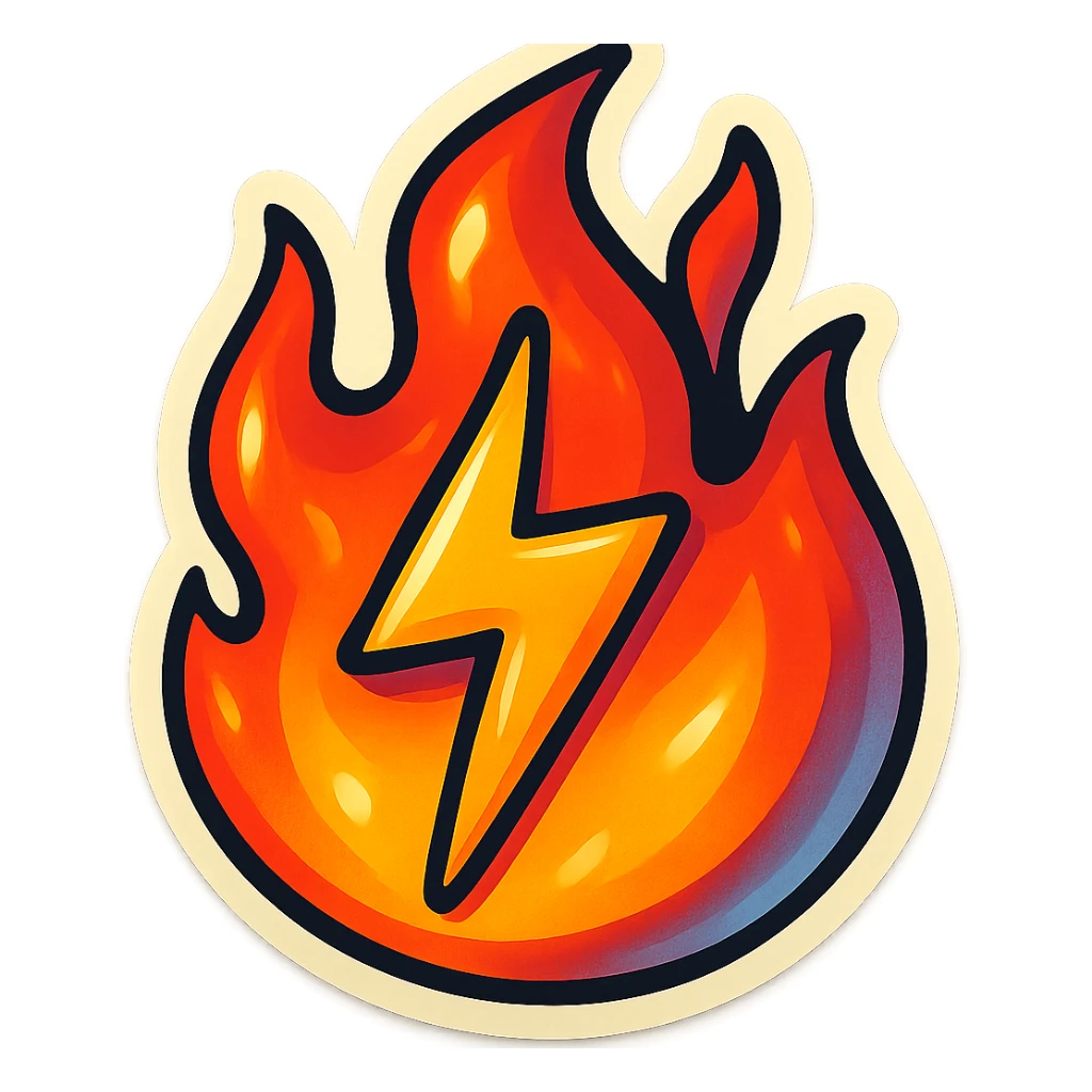 retro sticker style image of a flame with a lightning bolt shape inside, bold contours, juicy colors, expressive highlights and shadows, powerful and bright fire sticker