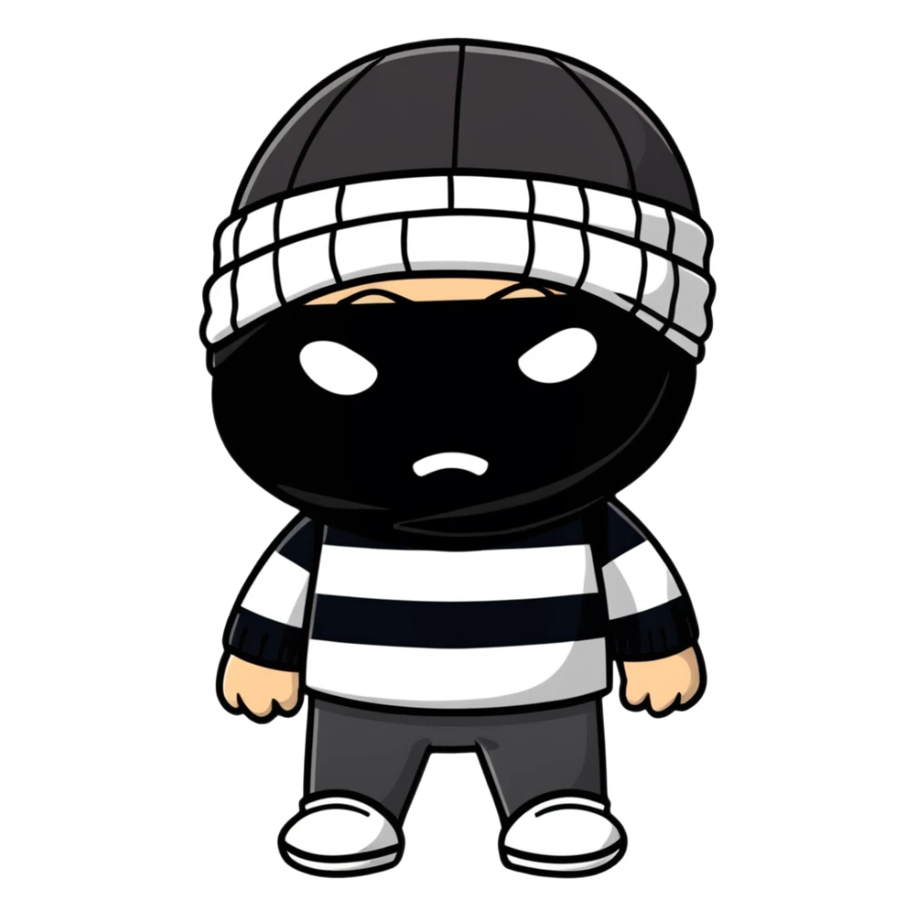 character with black and white striped shirt, black beanie, black mask over eyes sticker