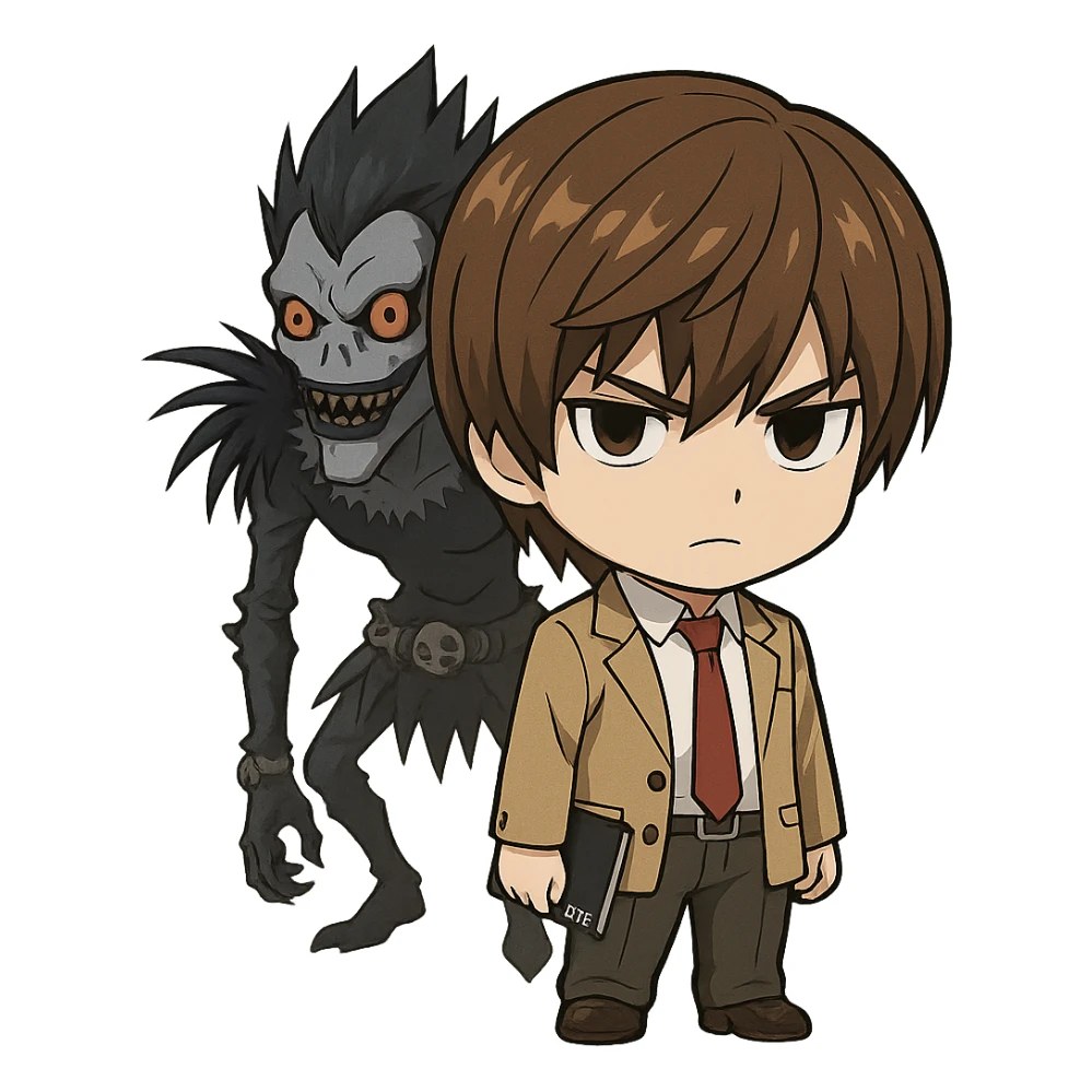 chibi style Light Yagami from Death Note serious expression, Ryuk looming in the background, brown hair, school uniform sticker