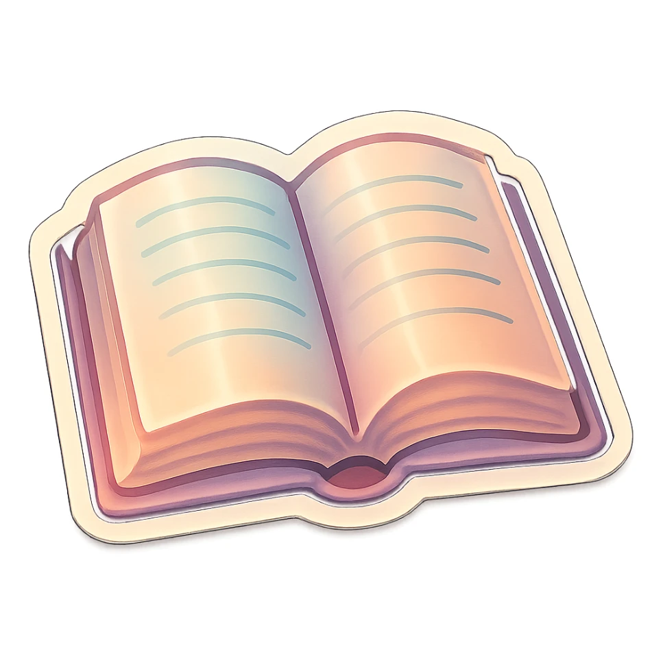 realistic open book with detailed shadows and highlights, soft lighting, retro stickers style, pastel palette #98B5BC, #B5B3C1, #C9A3C9, #E4C0CA, #F7DCD1, #F7C0AA, transparent background, no decorative elements sticker