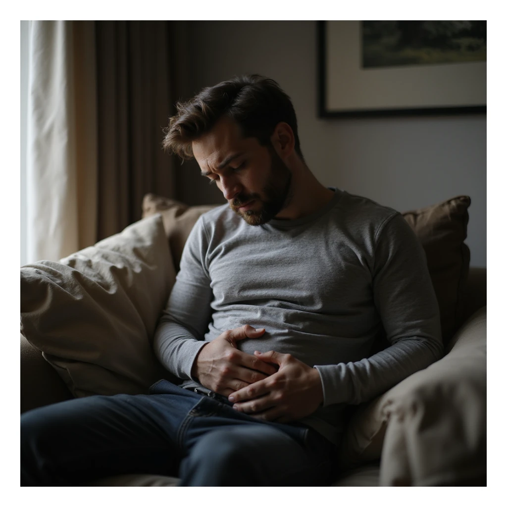 hyperrealistic 4K man sitting on the couch looking at his belly with a despondent expression, domestic environment sticker