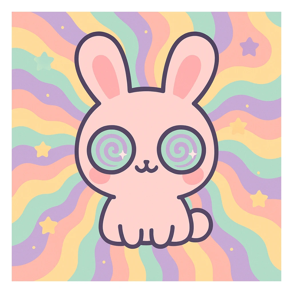 a cute rabbit with hypnotic eyes, entrancing anyone who looks, with a psychedelic background, playful style sticker