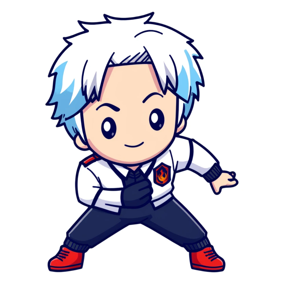 Shoto Todoroki using his ice and fire quirk, half red half white hair, school uniform from UA High sticker