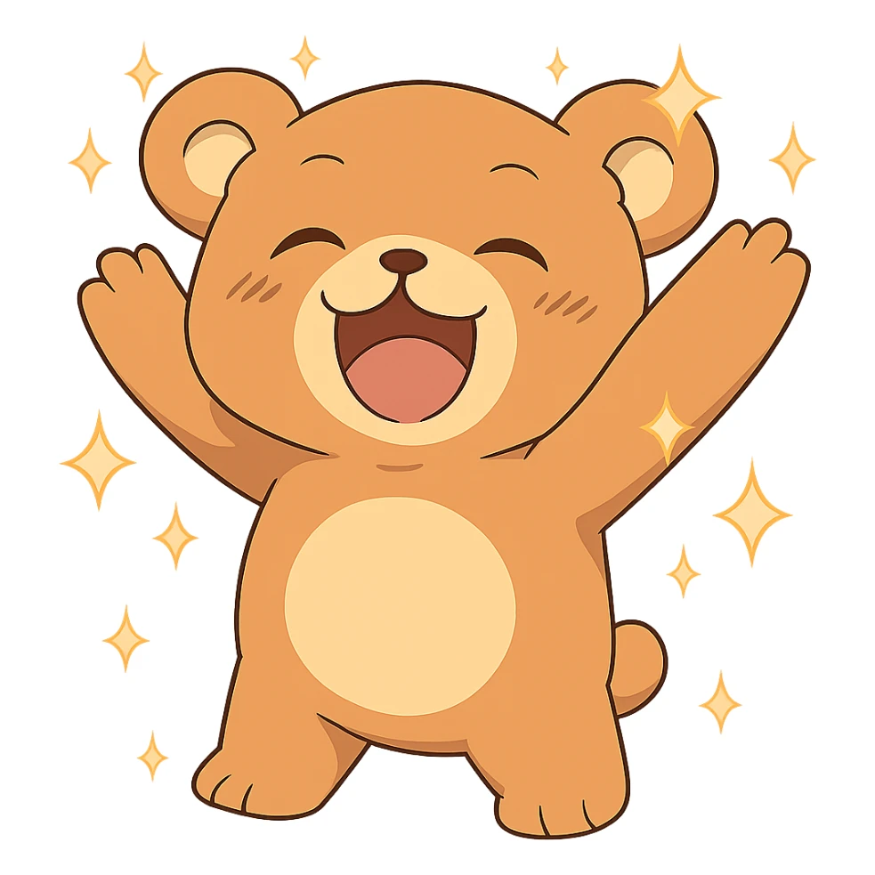 Add magical sparkles around the chibi happy bear. Keep the image with no background. sticker