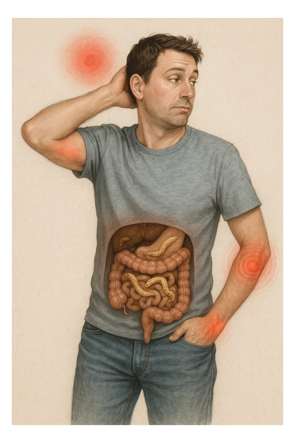 uomo che ignora i suoi un mal di testa, mal di schiena e dolore articolare e ignora ogni segnale e messaggio che il corpo manda per avvertirlo, ma alla fine dipendono tutto dai parassiti intestinali realistica sticker