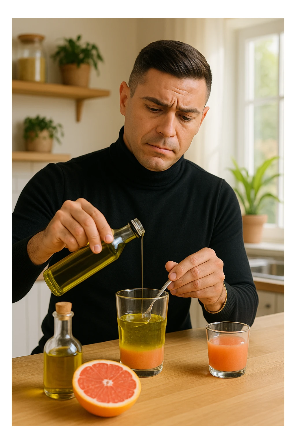 A realistic, warm-toned photo-style image of a man in his kitchen preparing a liver and gallbladder flush. On the counter, there is a small glass bottle of high-quality extra virgin olive oil with a rich green hue, and a freshly cut pink grapefruit with a small glass of its juice next to it. The man, in his mid-30s, looks focused and slightly apprehensive as he mixes the olive oil and grapefruit juice in a clear glass, preparing to drink it as part of a natural gallbladder cleanse. The background is clean, bright, and minimalist with wooden countertops, green plants, and sunlight coming through the window, giving a sense of natural health practices. The mood conveys a realistic moment of alternative health care, illustrating the preparation and intention for a natural flush to address gallstones, while maintaining a calm, educational, and hopeful tone sticker