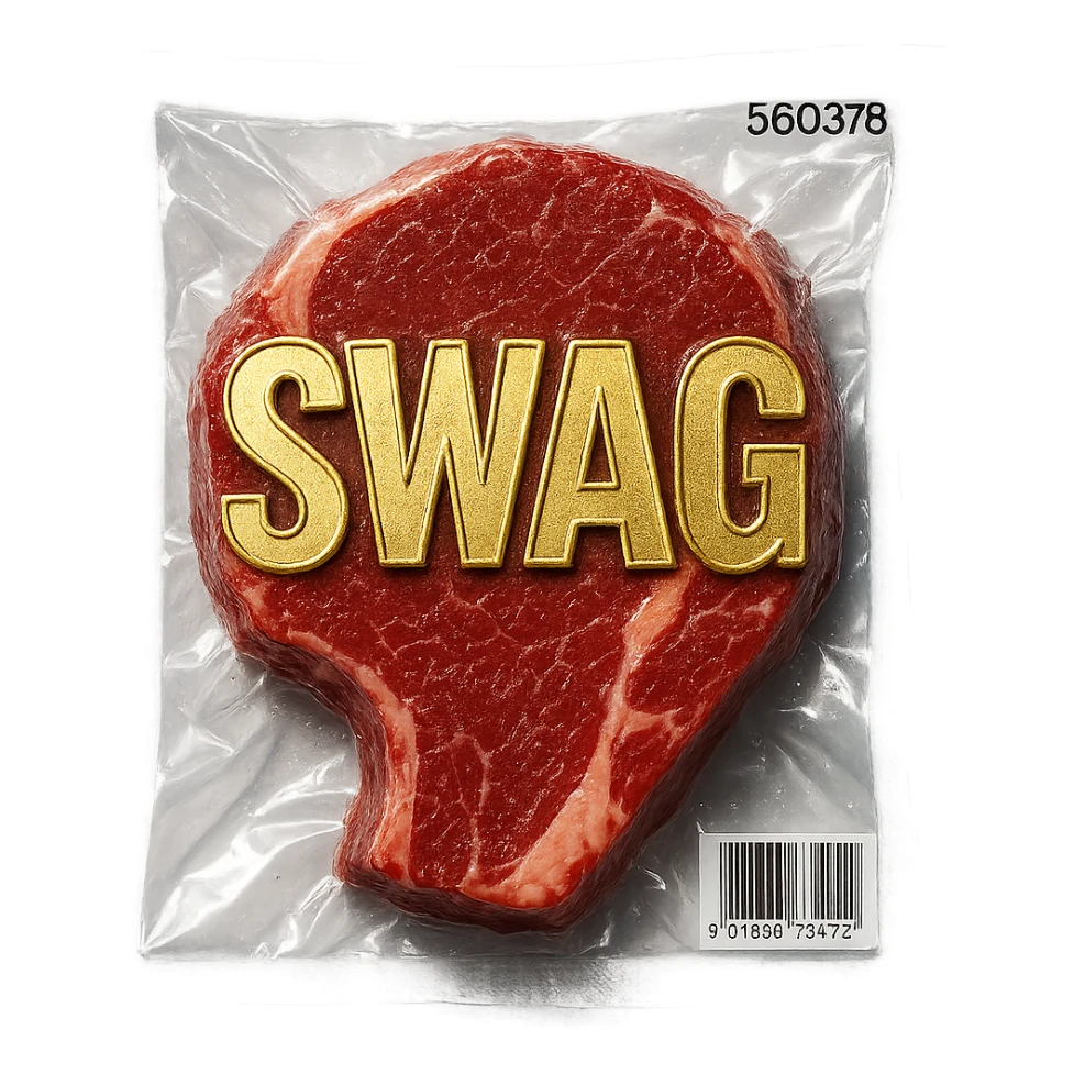steak with gold outlined 'SWAG' letters, glossy sticker