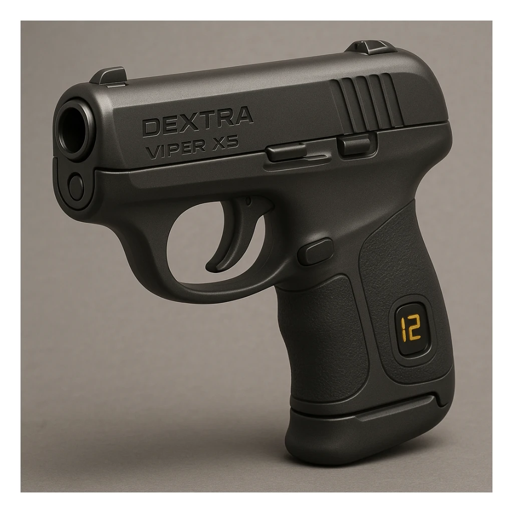 realistic depiction of the Dextra Viper X5 semi-automatic handgun, angled to show both slide and grip, emphasize compact rounded exterior, matte graphite finish, ergonomic grip with overmold panels, digital ammo counter on rear grip, designed for deep concealment and rapid draw sticker
