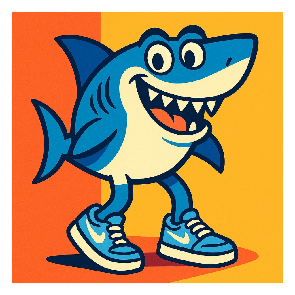 shark with legs wearing light blue Nike sneakers, vibrant cartoon style, bright colors, funny expression sticker
