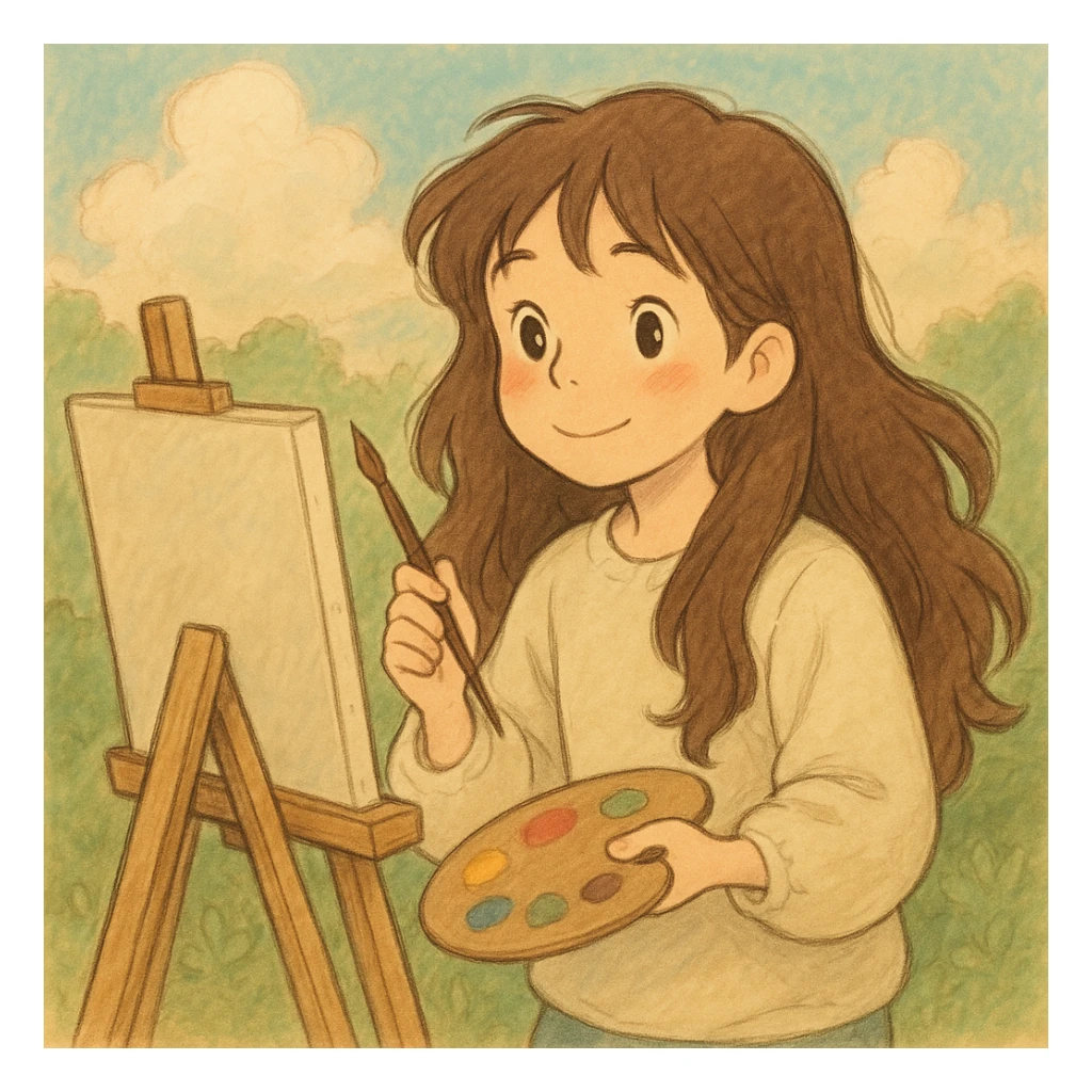 jeune artiste aux cheveux longs, mignon, style illustration expressive, palette douce sticker