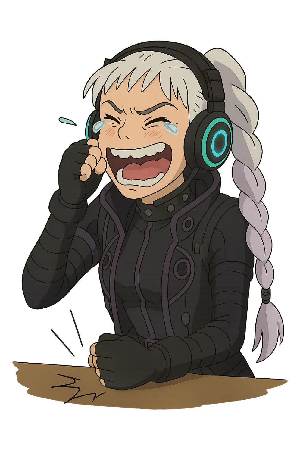 1 female, single long white braid with lavender tips. Cybergoth futurepunk, crying from laughter, pounding her fist on a table, “wheeze emoji” facial expression, hilarious  sticker