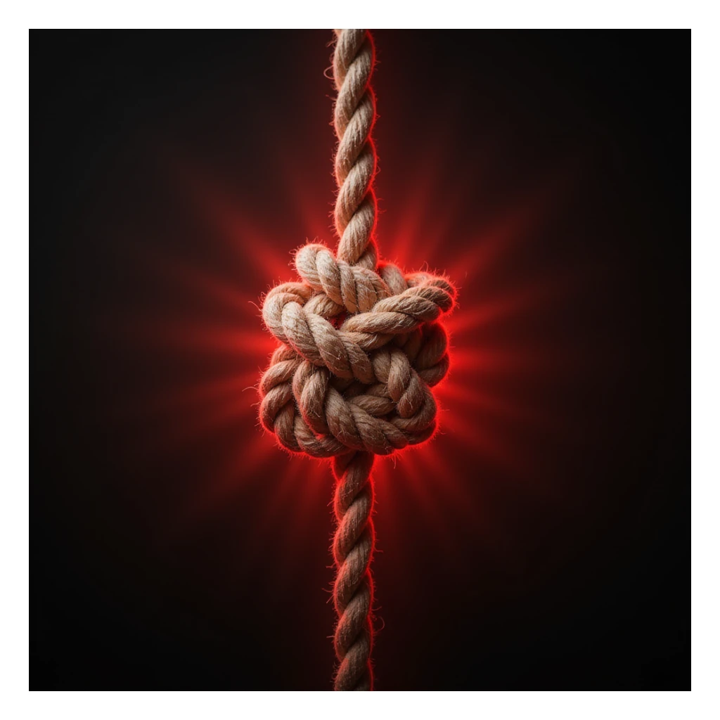 hyperrealistic rope knot isolated on white background with a bright red halo around the knot indicating pain, realistic details, no other elements sticker