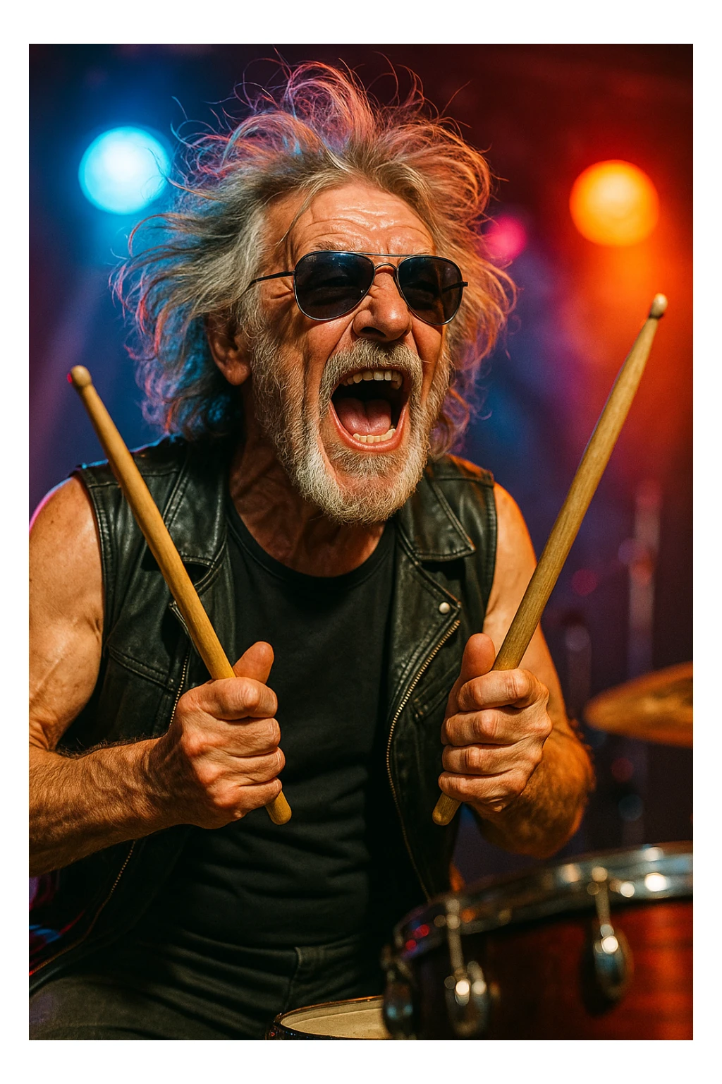 an old rocker drummer singing energetically with wild hair and sunglasses, holding drumsticks, open mouth, expressive face, stage lights, vibrant colors sticker
