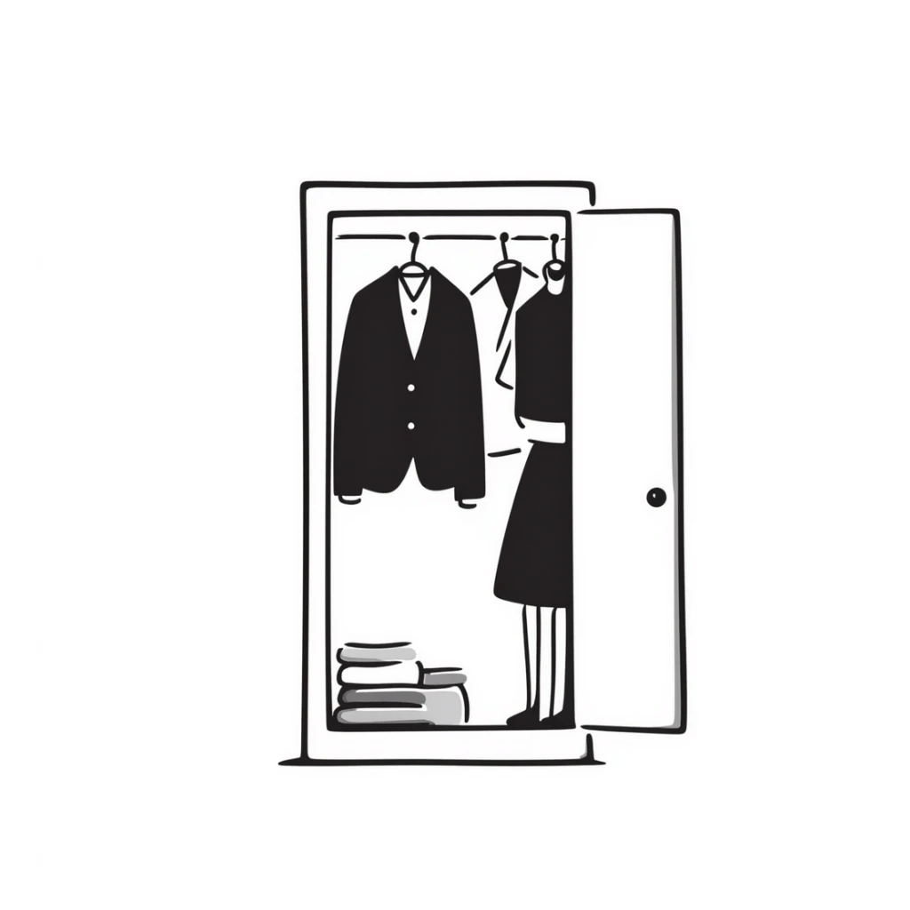 Hand-drawn minimalist wardrobe, slightly open revealing neatly arranged business attire sticker