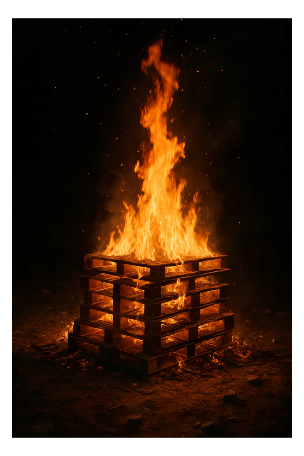 a bonfire built from a stack of wooden pallets, flames rising, rustic, glowing embers, night setting sticker
