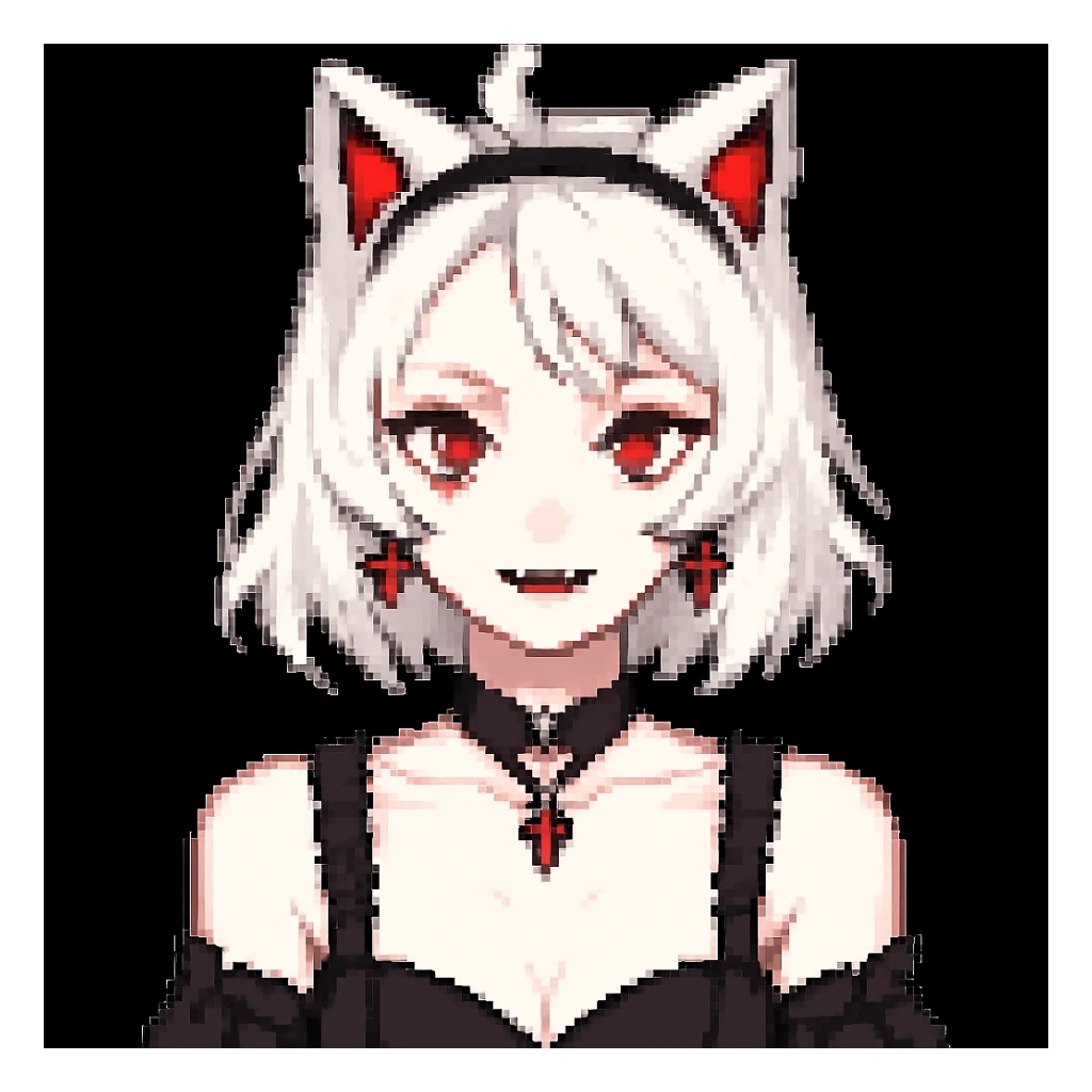 Change hair color to white, keep all other gothic neko girl features the same, in pixel art style. Maintain pixel art aesthetic and details. sticker