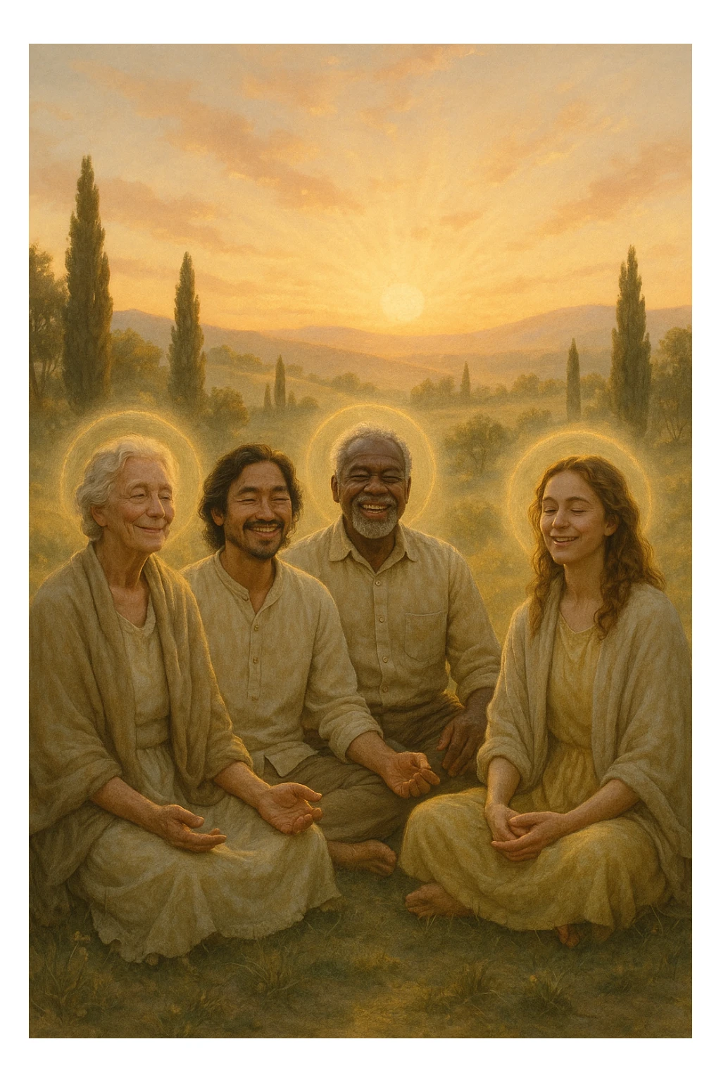 a diverse group of people of different ages and backgrounds sit together in a peaceful natural setting at sunrise, each with serene, joyful expressions. Subtle auras or soft light halos surround them, symbolizing spiritual awakening and inner harmony. The background features gentle hills, trees, and a glowing sky, evoking unity and connection. realistica italiano sticker