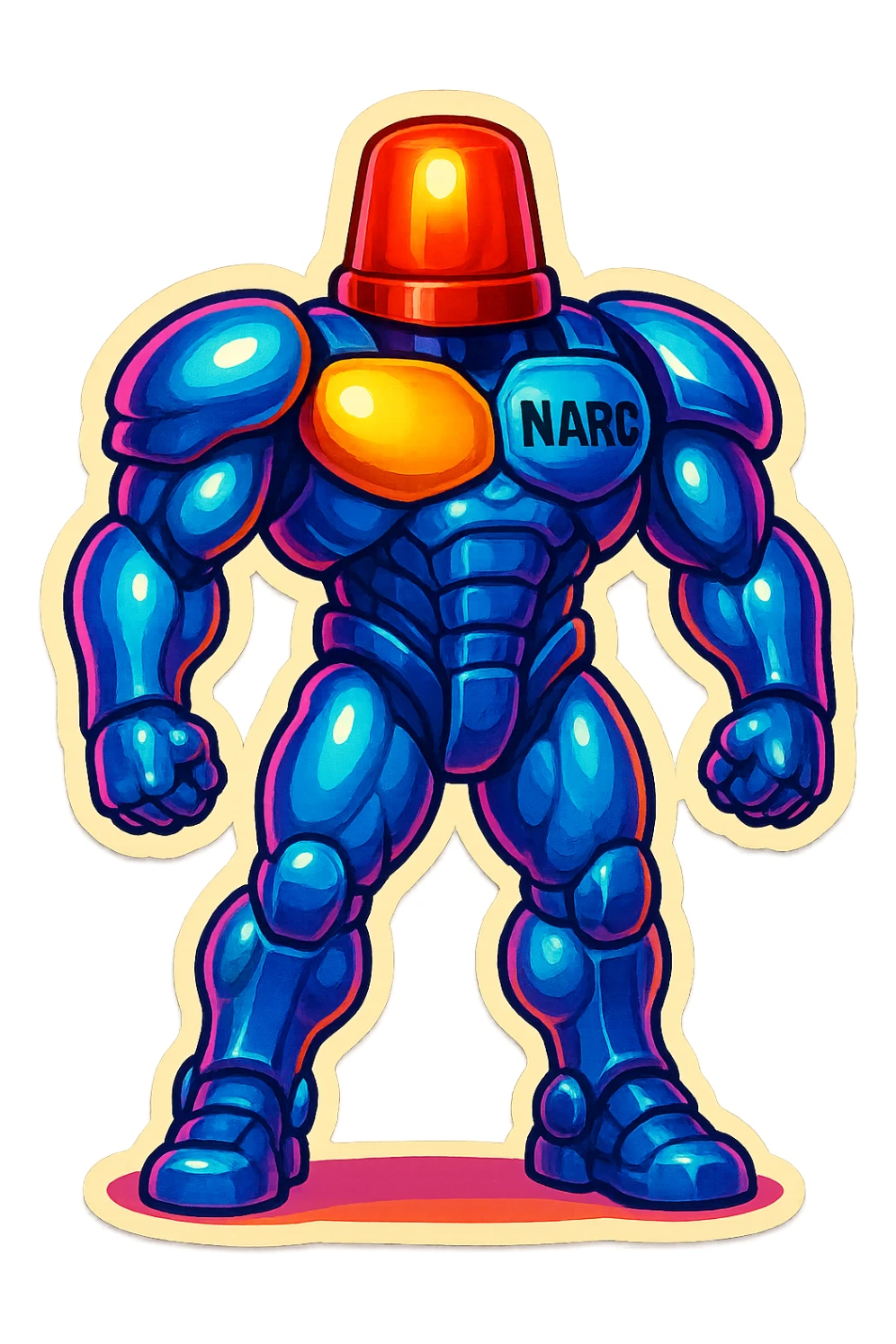 Render a shiny muscular robot with a red police light head in retro stickers style, emphasizing vibrant colors and bold outlines typical of retro stickers. sticker