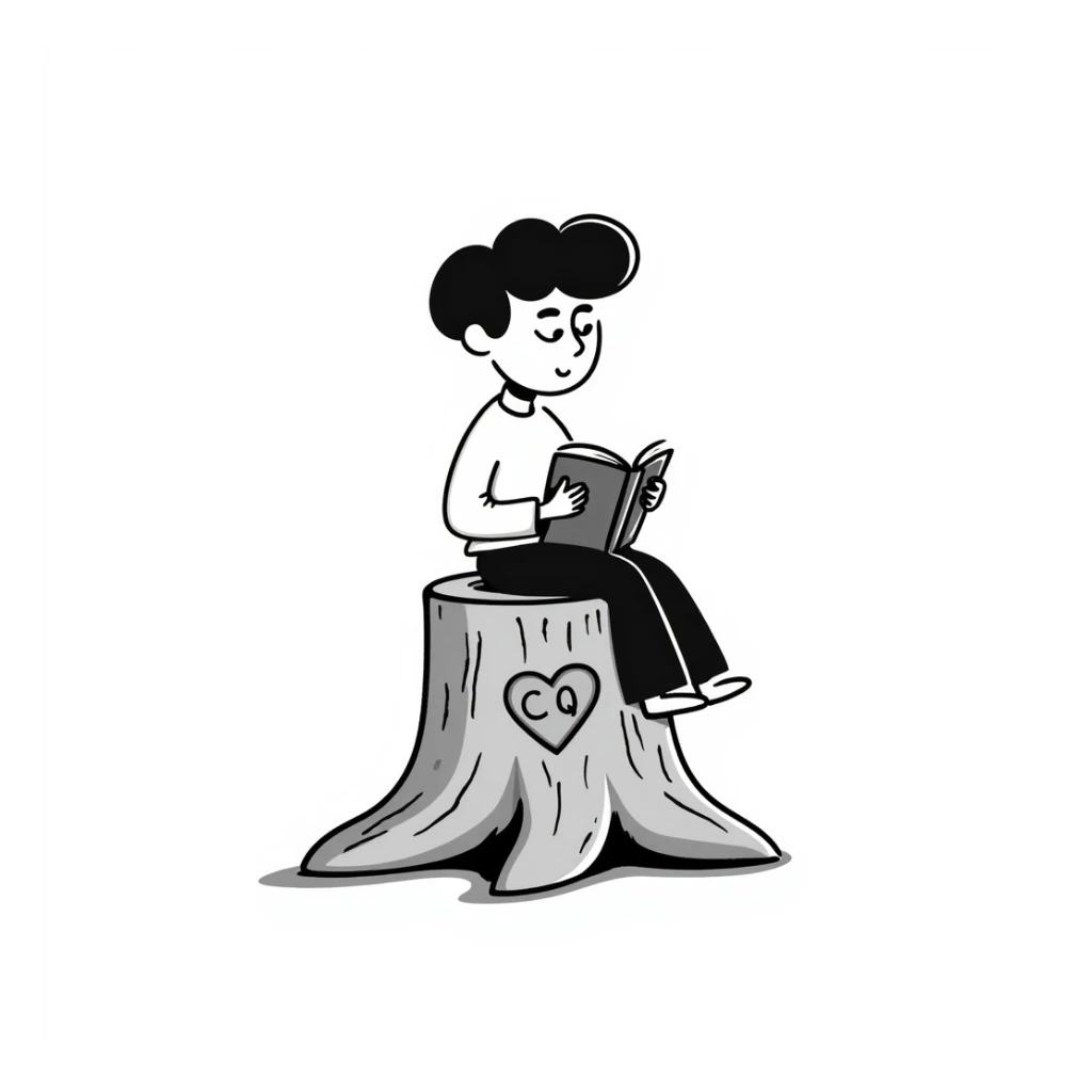 Replace the words 'Chaos King' and 'Chaos Queen' with the initials 'CK' and 'CQ' carved into the heart on the tree stump, keep the whimsical, hand-drawn doodle style. sticker