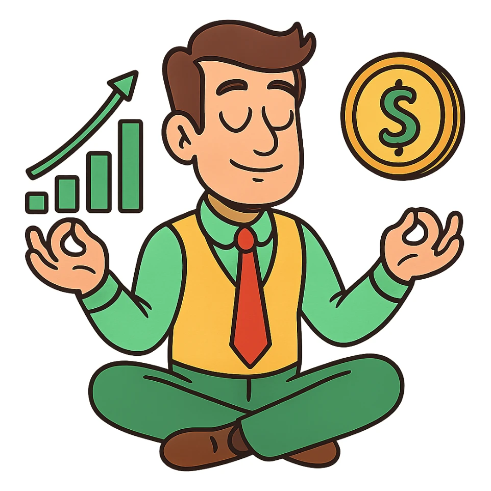 calm trader meditating, zen vibe, flat modern style, bright saturated colors greens golds reds, minimal but expressive, universal look sticker