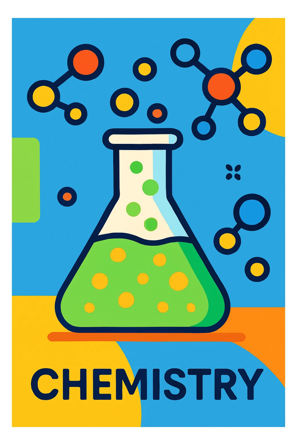 school subject chemistry, laboratory flask, molecules, educational atmosphere, modern style, bright colors sticker
