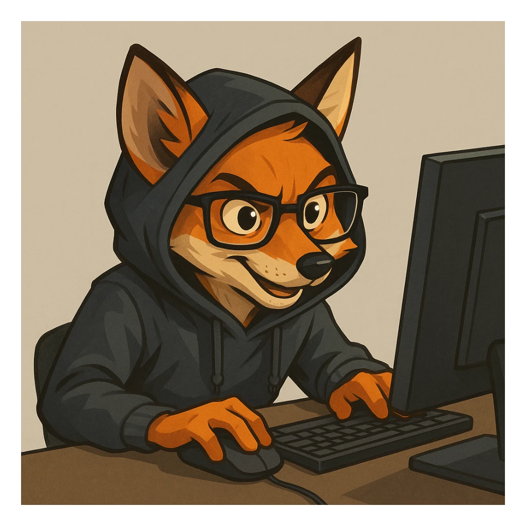 clever fox programmer-hacker wearing a hoodie and glasses, sitting at a computer, modern style, expressive facial expression, focus on the fox and computer, neutral background without extra details sticker