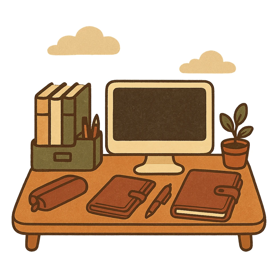 sticker illustration of a neat organized workspace with elements of organization including a desk, organizer, leather accessories such as a notebook cover, leather pencil case, stand, in burgundy, white, black, gray colors, modern business style, no text sticker