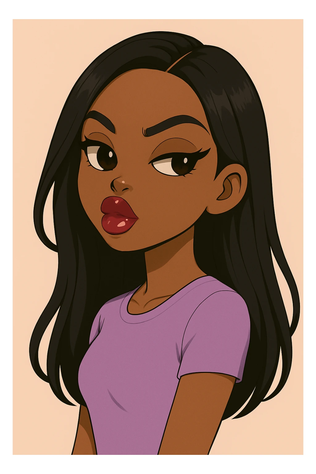 Change her pose to a side-eye, headshot only, 20-year-old anime Bratz style woman with dark skin, straight hair, more casual outfit, big expressive eyes, glossy lips, no hat, no tears, confident and aloof expression, snooty attitude, nose turned up. Render in anime Bratz style with emphasis on glossy lips and big expressive eyes, confident and aloof expression, no hat, no tears. sticker