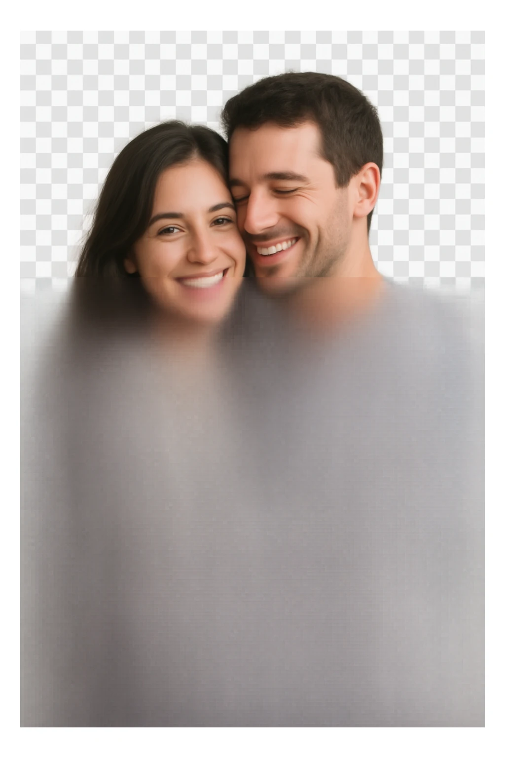 a beautiful brunette woman hugging a man, warm and affectionate, both smiling, close embrace, natural style, no background sticker