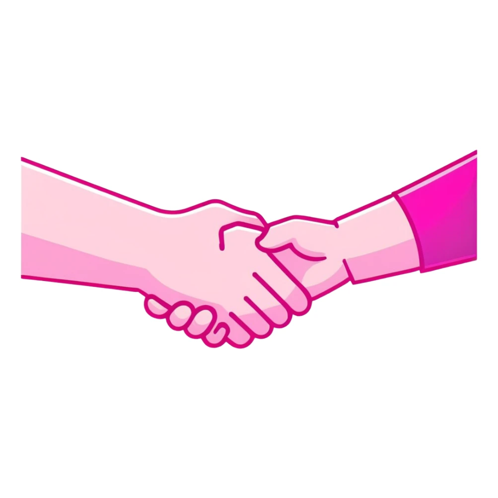 handshake, transparent glass with bright pink gradient from #FF335F to #FF99AA, soft glow and shadows, minimalistic sticker