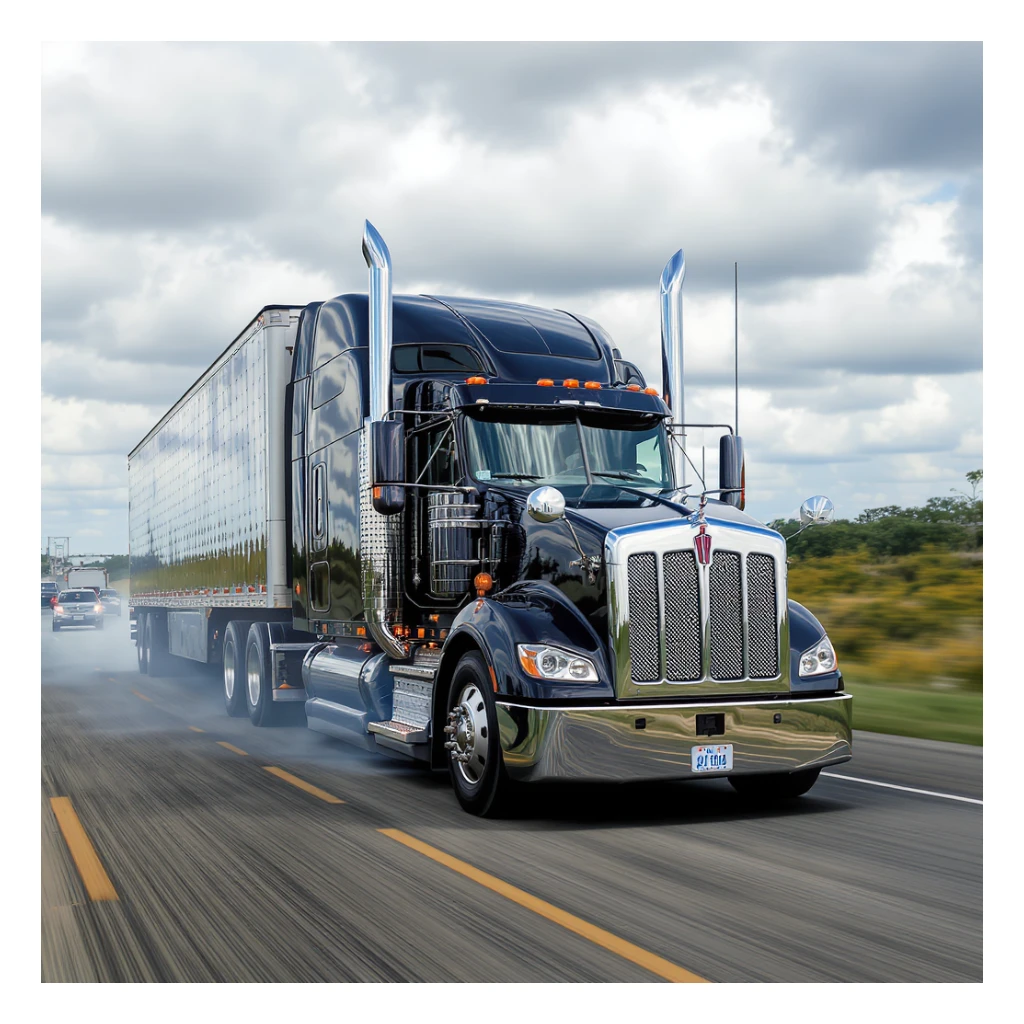 2026 Kenworth W680 sleeper semi truck, black, with chrome exhaust stacks, driving down the road, a car in front, realistic style, dynamic angle, clear details sticker