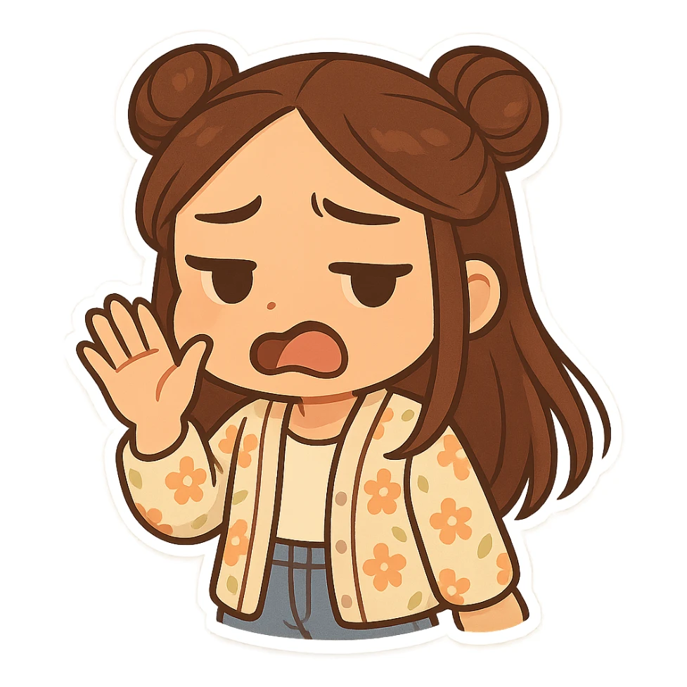 Create a chibi sticker of the girl from the reference image. She has brown straight hair in double buns, brown eyes, wearing a pastel floral cardigan and jeans. She is fanning her face with her hand and making a 'yuck' face. The sticker should have a white outline and transparent background, 512x512px. sticker