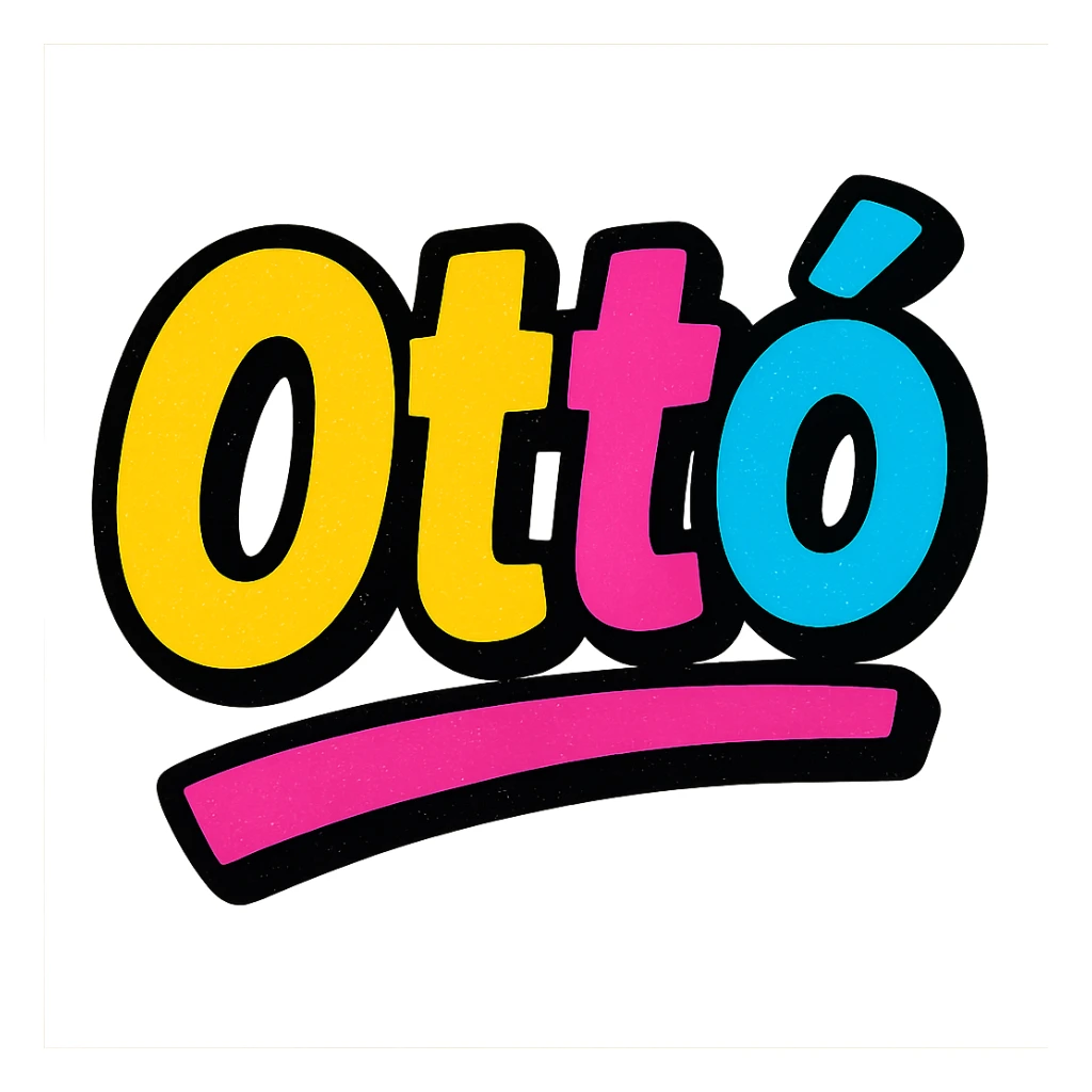 The name 'Ottó' in a modern, colorful gradient font with a dark outline, dynamic, slanted or partial underline, in the style of reference patterns. sticker