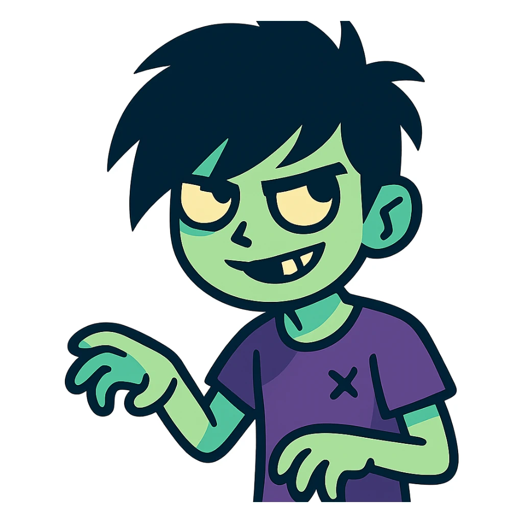 zombie boy with messy emo hair, pale skin, mischievous expression sticker